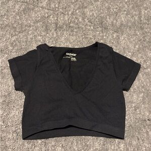 Garage Black V-Neck Ribbed Short Sleeve Crop Top